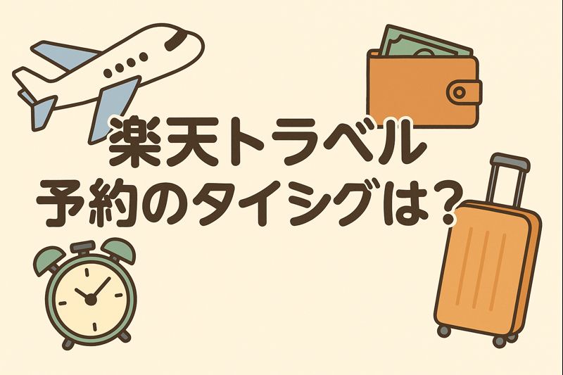 alt="楽天トラベルの予約タイミングを解説するイメージ。飛行機・時計・財布・スーツケースのイラスト"